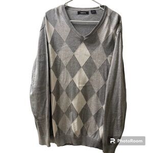 Clairborne Men's L Gray/White Argyle Navy V-Neck Lightweight Sweater 100% Cotton